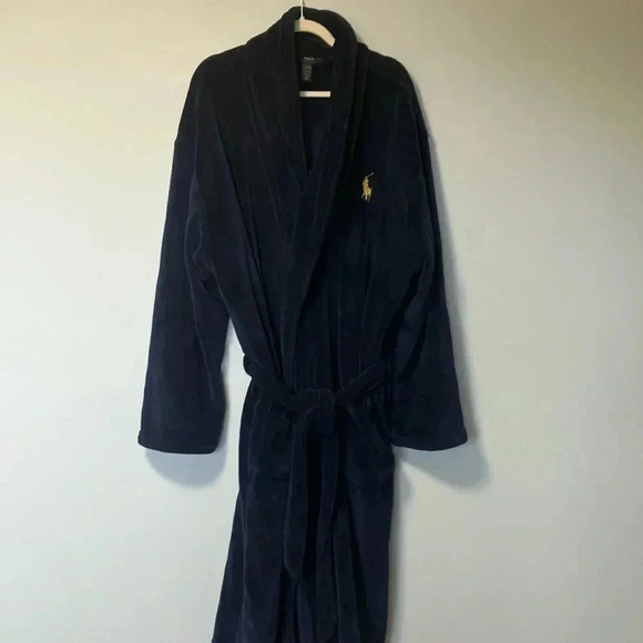 Polo by  Ralph Lauren navy big polo pony yellow logo long plush fleece robe L/XL - Picture 2 of 8